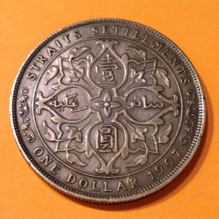 1907h,  Straits Settlements,  $1,  One Dollar,  British Silver Coin,  Au,  Km 26 photo