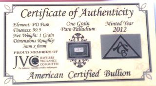 Acb Solid Palladium Pd Bullion 1grain Bar 9.  99 With Certificate Of Authenticity photo
