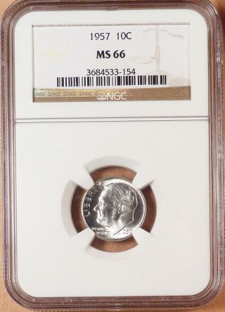 1957 - P Roosevelt Dime,  Ngc Graded Ms66,  98 White Coin photo