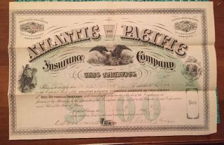 Vintage 1873 Stock Certificate Atlantic And Pacific Ins.  Company Of Chicago photo