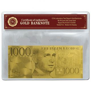 24k Gold Sweden Banknote 1000 Kronor 99 Pure Gold Note Uncirculated In Frame photo