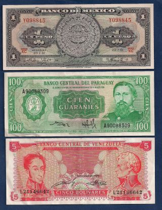 Mexico 1 Peso 1961 P - 59g,  Paraguay 100 Guaranies,  Venezuela 5 Bolivares photo