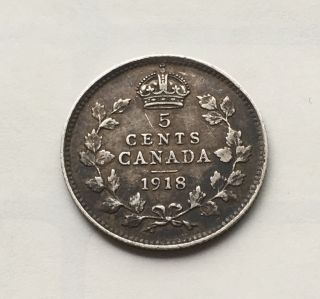 1918 Canada 5 Cents Silver Coin Fp43 photo