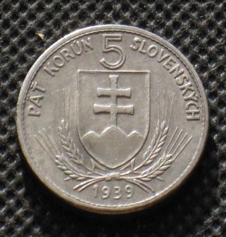 Old 5 Korun 1939 Coin Of Slovakia World War Ii Ag photo