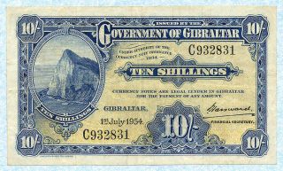 Gibraltar 10 Shillings 1953 P14b Vf photo