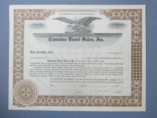 Vintage Specimen Cummins Diesel Sales Stock Certificate Minneapolis Mn photo