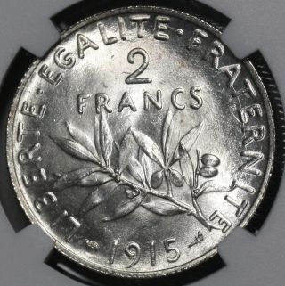 1915 Ngc Ms 64 France Bu Silver 2 Francs Sower Semeuse Coin (16040301d) photo