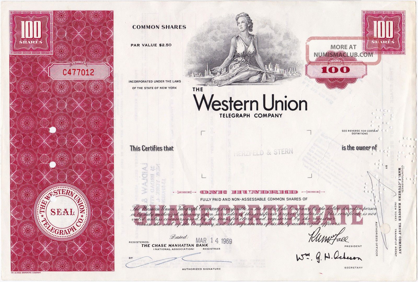 Western Union Telegraph Company, 100 Shares 1969, Stock Certificate
