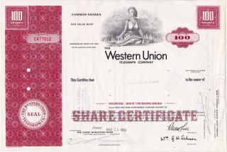 Western Union Telegraph Company,  100 Shares 1969,  Stock Certificate photo