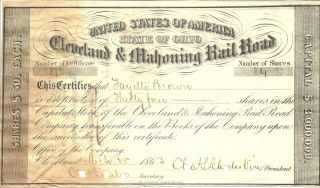 1863 Civil War,  Railroad Stock Certificate From Ohio,  Cleveland & Mahoning Rr photo