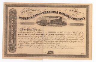 State Of Texas Houston,  Tap And Brazoria Railway Company Stock Certificate photo