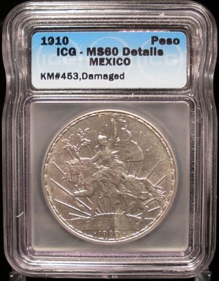1910 Mexico Silver Peso Icg Ms 60 Details photo