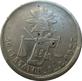 1875 México Álamos Sonora 50 Centavos As.  L.  - Rare Silver Coin - First Year ¡¡ photo