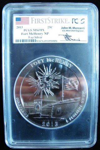 2013 Pcgs Ms69pl First Strike Fort Mchenry Np 5 Oz Silver Atb Prooflike (bc184) photo