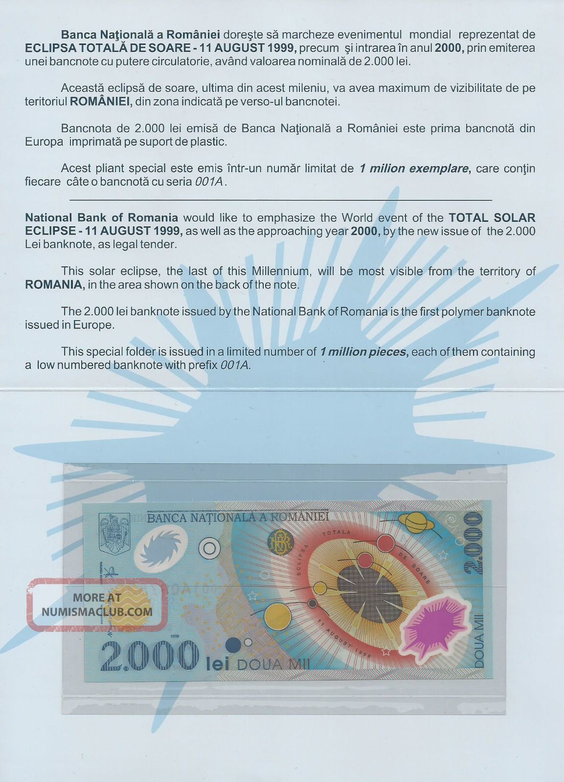 2000 Lei 1999 Unc, Serial Number 001a With Folder, Total Solar Eclipse ...
