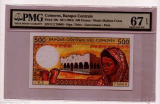 Comoros 500 Francs 1994 Pmg 67 Epq Unc A123 photo
