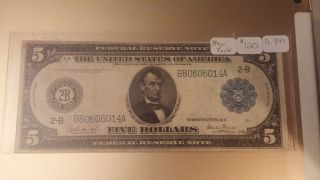 1914 $5.  00 Federal Reserve Note Fr.  849 York Burke/glass Vf/xf photo