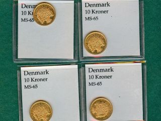 Four (4) 1908 Denmark Ten 10 Kroner Gold Coin - - - Dmg 426 photo