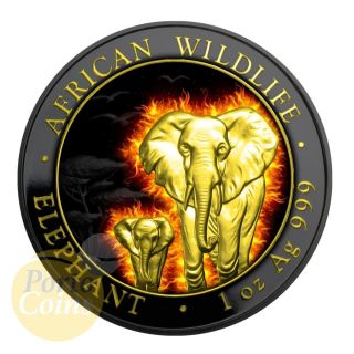 2015 1 Oz Fine Silver Burning Elephant Somalia Ruthenium Finish 24k Gold Box&coa photo