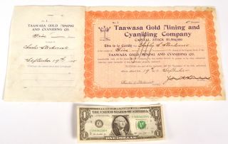 Rare 1905 Taawasa Gold Mining Cyaniding Company Stock Certificate No.  1 Colorado photo