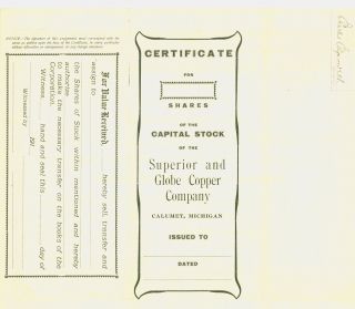 1920 Stock Certificate - Superior And Globe Copper Company - Calumet,  Michigan photo