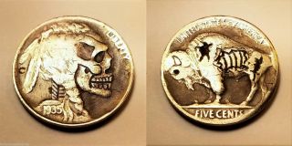 Hobo Nickel Skull & Buffalo Zombie 1935 Ohns Walking Dead Hand Carved Coin 227 photo
