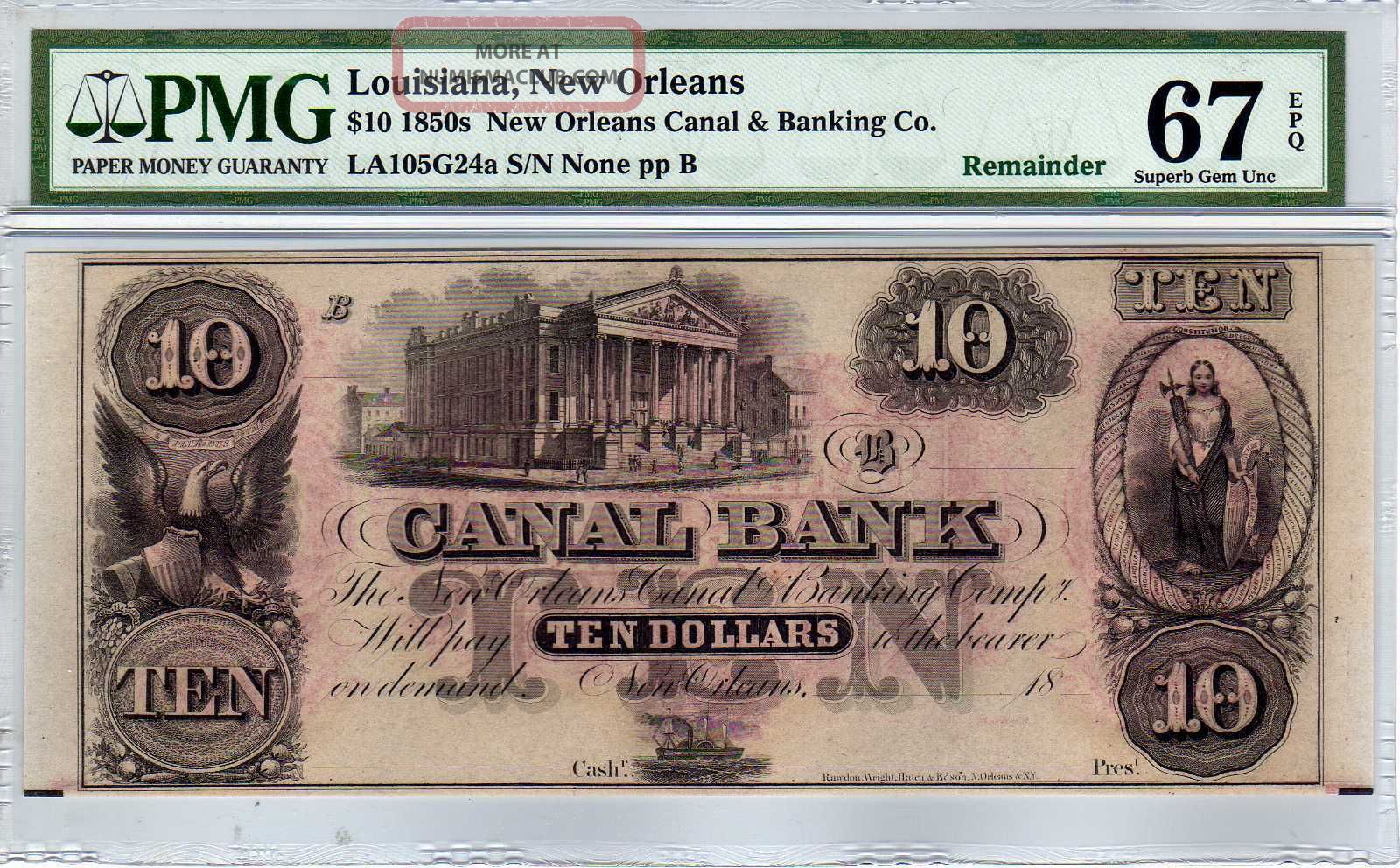 $10 1850s Orleans Canal & Banking Co. Louisiana - Pmg Gem Unc. 67 Epq