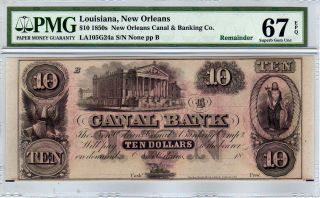 $10 1850s Orleans Canal & Banking Co.  Louisiana - Pmg Gem Unc.  67 Epq photo