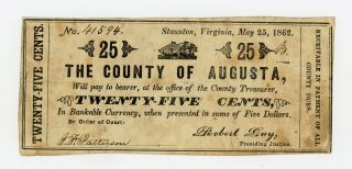 1862 25c The County Of Augusta - Staunton,  Virginia Note Civil War Era photo