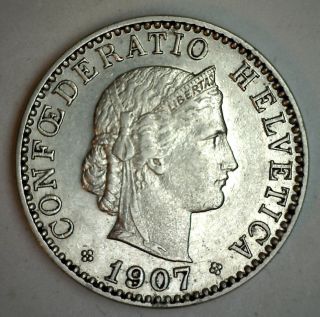 1907 B Nickel Switzerland 20 Rappen Swiss Helvetia Coin Au photo