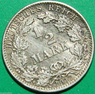 German Empire Silver 1/2 Mark Coin.  900 Silver 1917 J photo