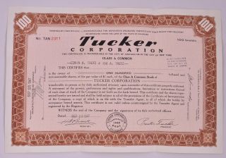 Vintage Tucker Car Corporation Stock Certificate 1947 - Scripophily photo