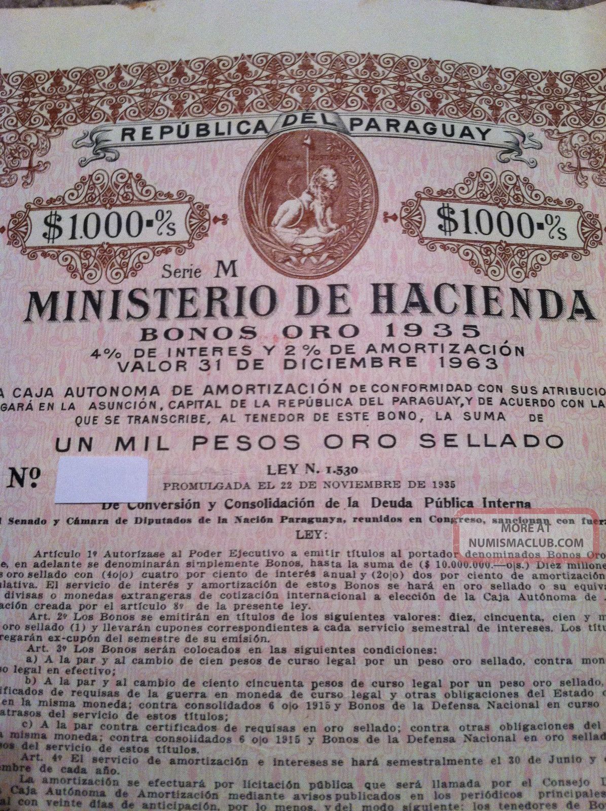 Paraguay Gold Bond 1935 $1000 With Coupons Rare