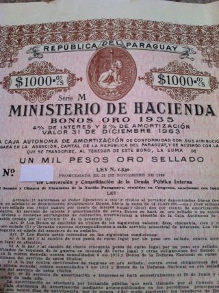 Paraguay Gold Bond 1935 $1000 With Coupons Rare photo