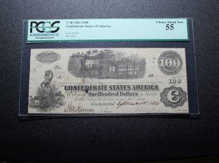 1862 $100 Confederate Currency T - 40 Pcgs 55 photo