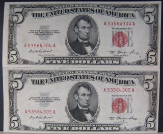 1953 $5 Dollar U.  S.  Red Seal Note Pair In Sequence Cu U.  S. photo