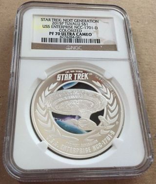 2015 Star Trek Uss Enterprise $1 Tuvalu Silver Proof Pf70 Ngc W/box & photo
