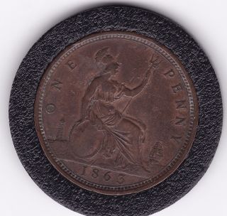 1863 Queen Victoria Large One Penny (1d) Bronze Coin photo