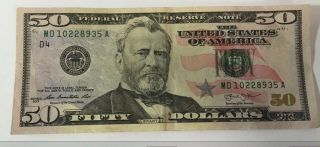 Fifty 50 Dollar Bill Us Paper Money $50 Federal Reserve Bank Note Circulated photo