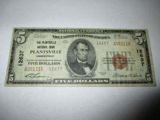 $5 1929 Plantsville Connecticut Ct National Currency Bank Note Bill Vf 12637 photo