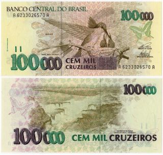 Brazil 100,  000 Cruzeiros 1993 Unc P - 235b Hummingbird Waterfalls photo