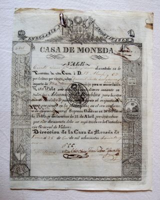 Peru Casa De Moneda Coin Forerunner Bill Script Vale 1836 Endorsable Silver photo