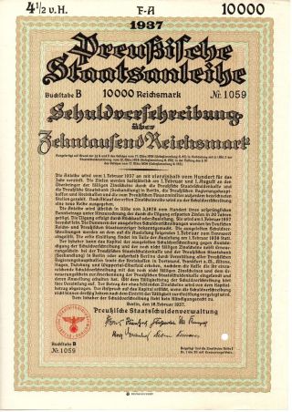 Prussia,  4,  5 State Bond,  10 000 Reihsmark 18 February 1937 photo
