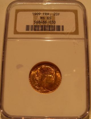 France 1909 Gold 20 Francs Ngc Ms - 65 Rooster photo