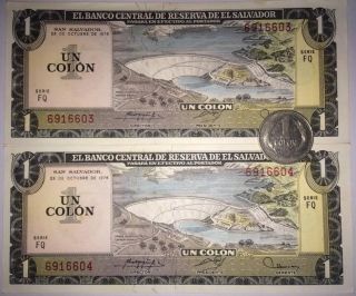 El Salvador 1 Colon Consecutivos,  28 - 10 - 1976 Xf,  1 Coin Colon 1994. photo