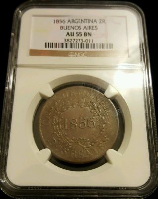 1856 Argentina 2 Reales Real Buenos Aires Ngc Au55 Bn Casa Moneda Rare Coin photo