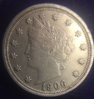 1906 5c Liberty Nickel,  V Nickel,  Shape,  Au/bu Rare 2 photo