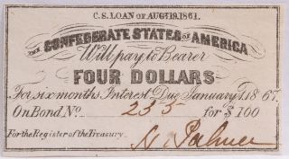 Civil War Confederate $100 Bond C.  S.  Loan 1861 $4 Coupon Richmond Va 255 photo