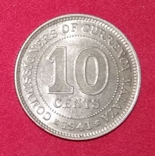 Malaya 1941 10 Cent Xf - Au Silver Coin. photo