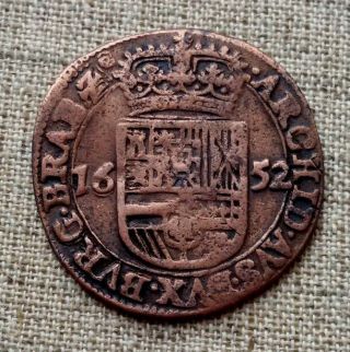 Spanish Netherlands,  Liard,  12 Mites,  1652,  Brabant,  Km 62.  3 Felipe Iv,  Rare photo